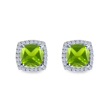 Cushion Cut Stud Earrings Simulated Peridot CZ 925 Sterling Silver